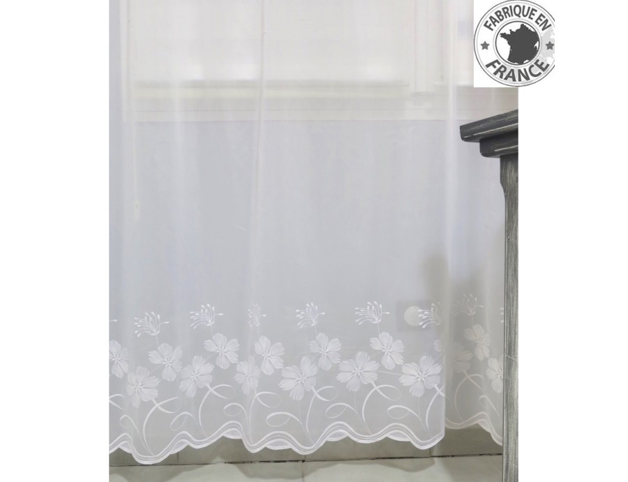 Voile au mètre blanc avec base fleuri en grande hauteur 290 cm