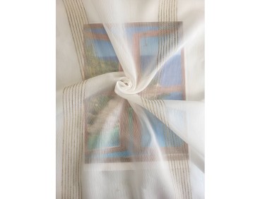 Voile au mètre blanc cassé avec rayure beige naturel en grande hauteur