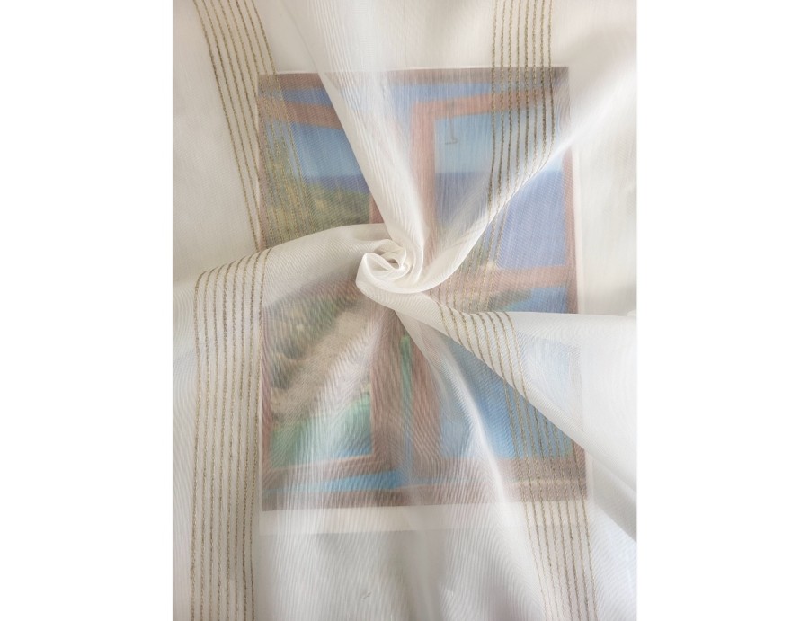 Voile au mètre blanc cassé avec rayure beige naturel en grande hauteur 300 cm