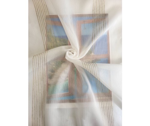 Voile au mètre blanc cassé avec rayure beige naturel en grande hauteur