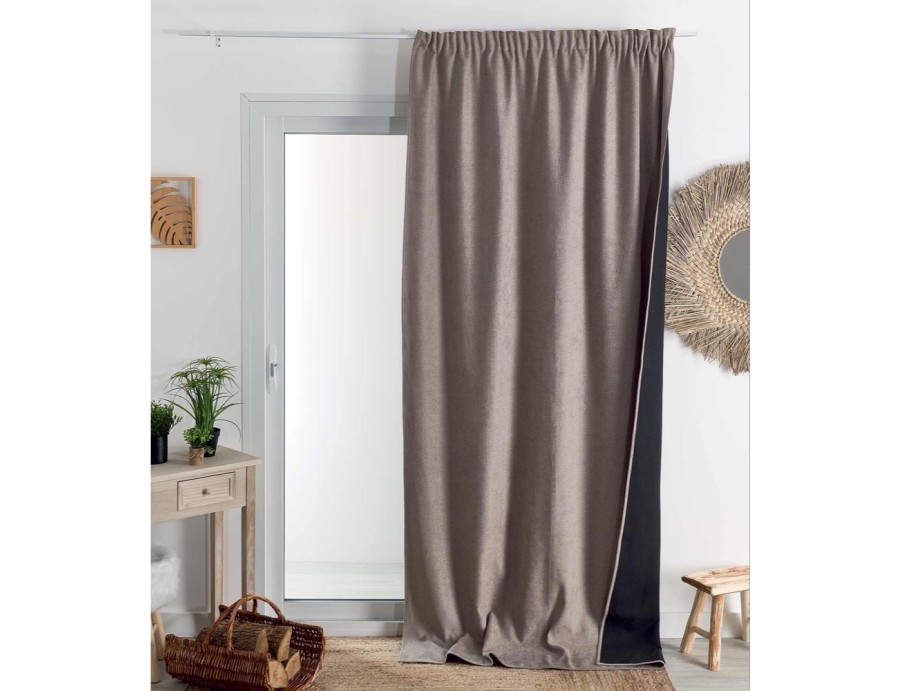 Rideaux ruflette isolant thermique et phonique couleur Lin pour tringle portière 140 x 260 cm