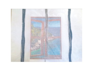 Voilage sur mesure blanc avec rayure bleu et gris