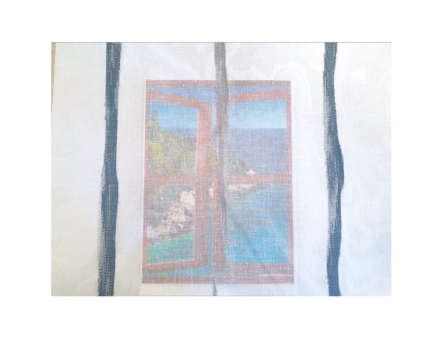 Voilage sur mesure blanc avec rayure bleu et gris (jusqu'à 290 cm de haut). Ref 8352/523 Voilage sur mesure blanc avec rayure bleu et gris (jusqu'à 290 cm de haut). Ref 8352/523