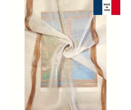 Voilage sur mesure blanc avec rayure terracotta et beige (jusqu'à 290 cm de haut). ref 8352/444