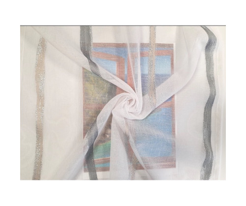 Voilage sur mesure blanc avec rayure gris et beige (jusqu'à 305 cm de haut). Ref 8352/200