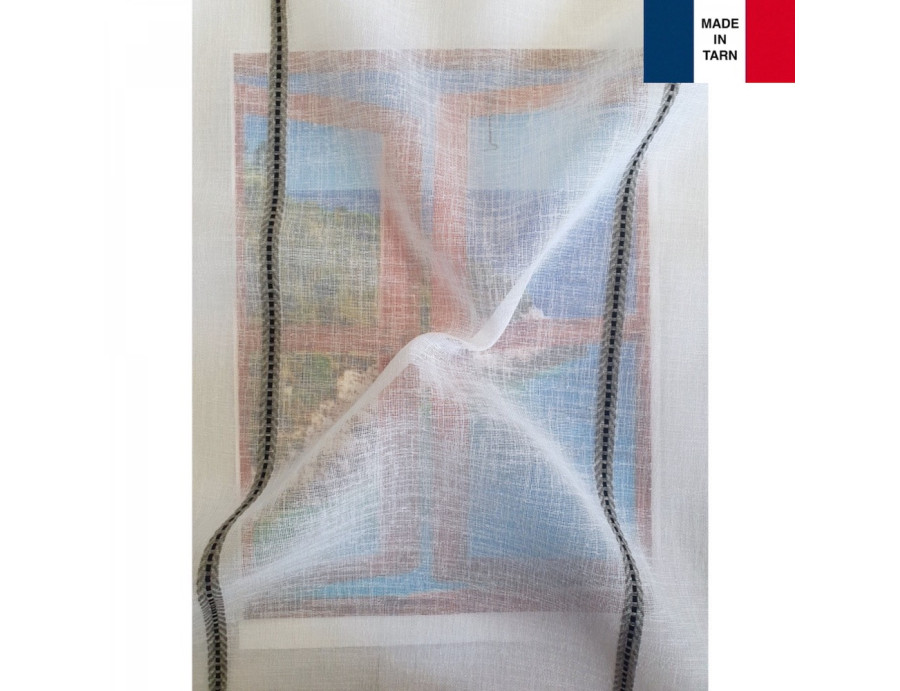 Voilage sur mesure blanc avec rayure gris aspect lin (jusqu'à 290 cm de haut). Ref 3931/090